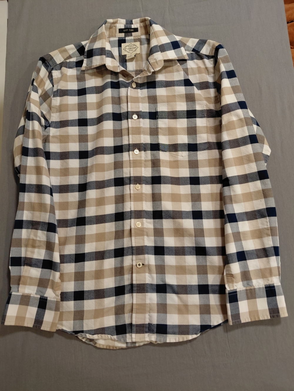 St. John's Bay Beige and Navy Plaid Button-Down Shirt